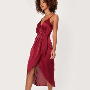 BNWT Nasty Gal Bordeaux Red Midi Satin Wrap Dress, Size US 6